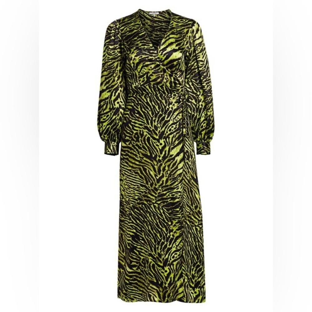GANNI Stretch Silk Satin Tiger Stripe Wrap Dress Scandi Eclectic Blck Grn 38/6/M - Picture 2 of 15